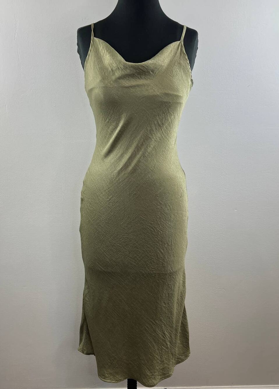 Yellow the Label Green Silky Satin Cowl Neck Strappy Pullover Midi Slip Dress S